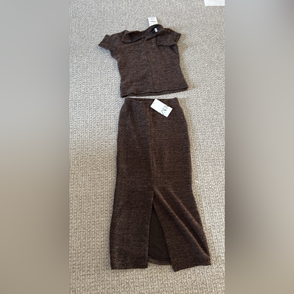 New Zara Brown Black Tweed Mock Neck Top Skirt Set S - Picture 2 of 12